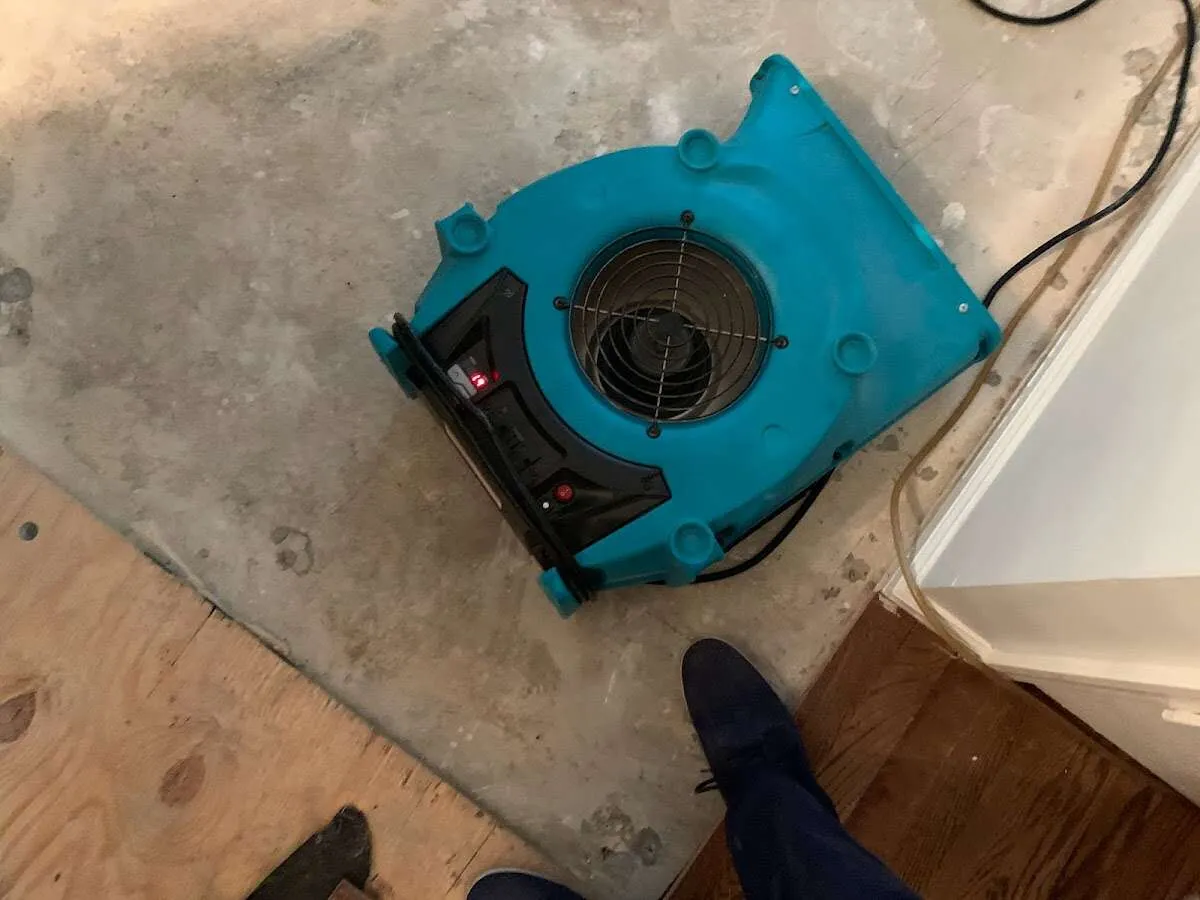 Air mover drying subfloor during Leak Detection & Repair in La Feria